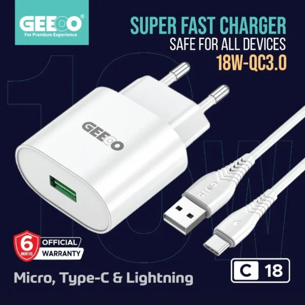 C18 Super Fast Charger Type-C, Micro, Lightning